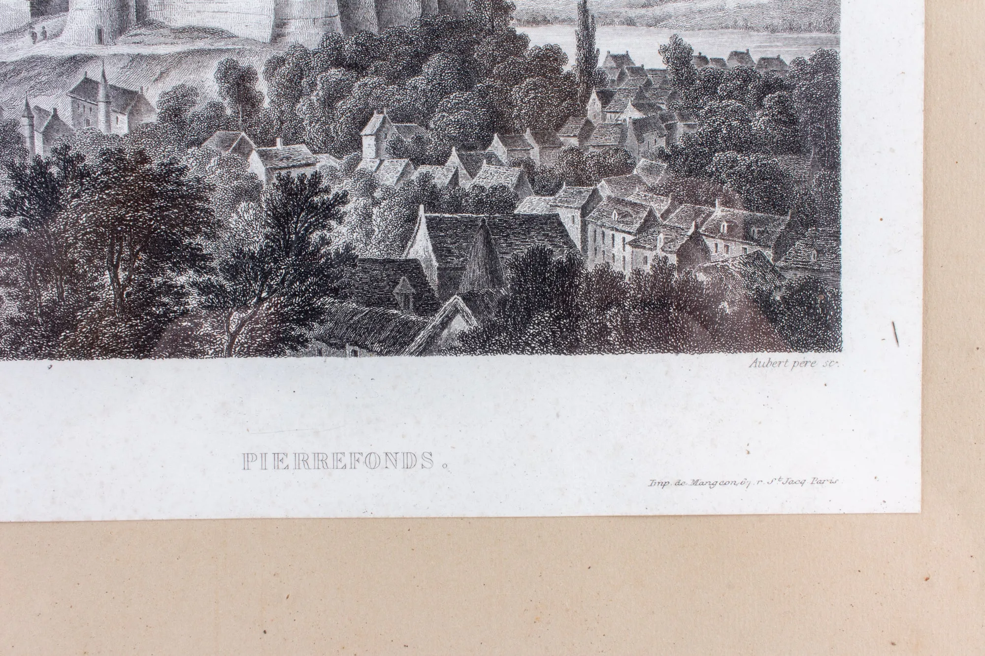 Small Framed Antique French Etching of Pierrefonds Chateau in France