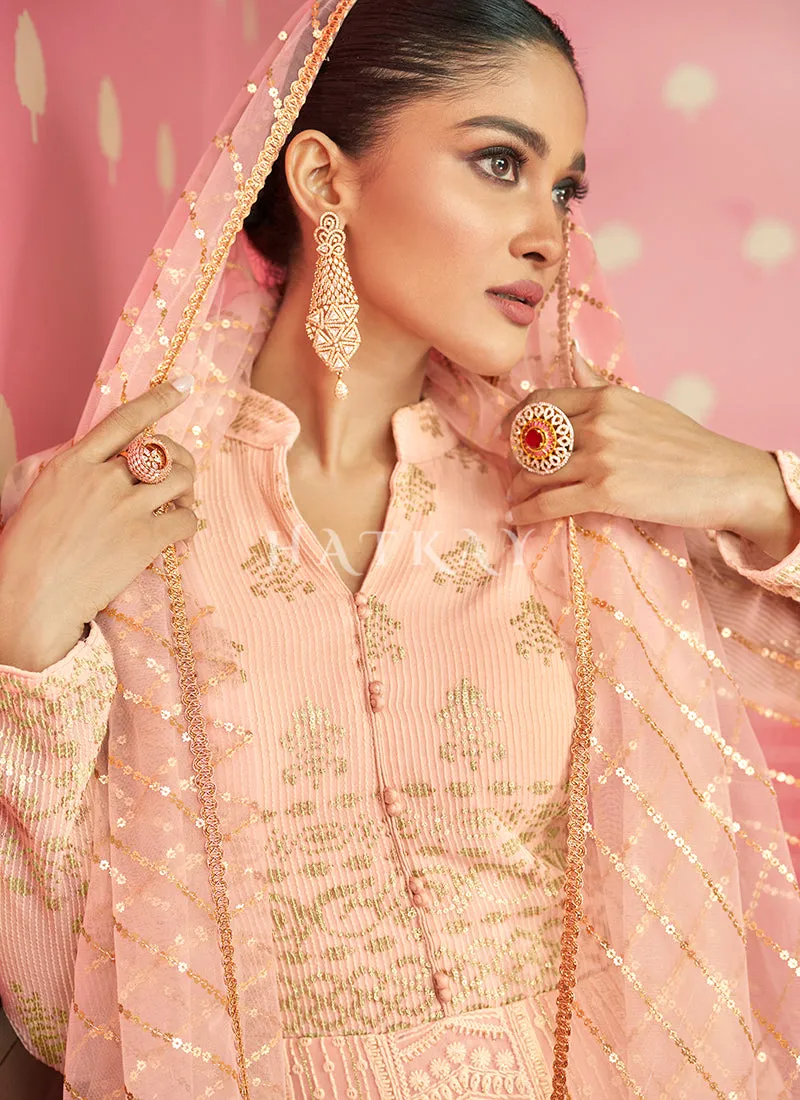 Soft Peach Sequence Work Chikankari Georgette Anarkali Suit