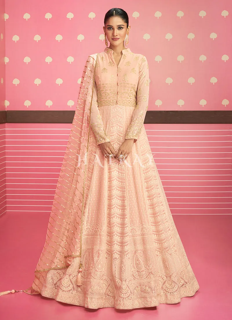 Soft Peach Sequence Work Chikankari Georgette Anarkali Suit