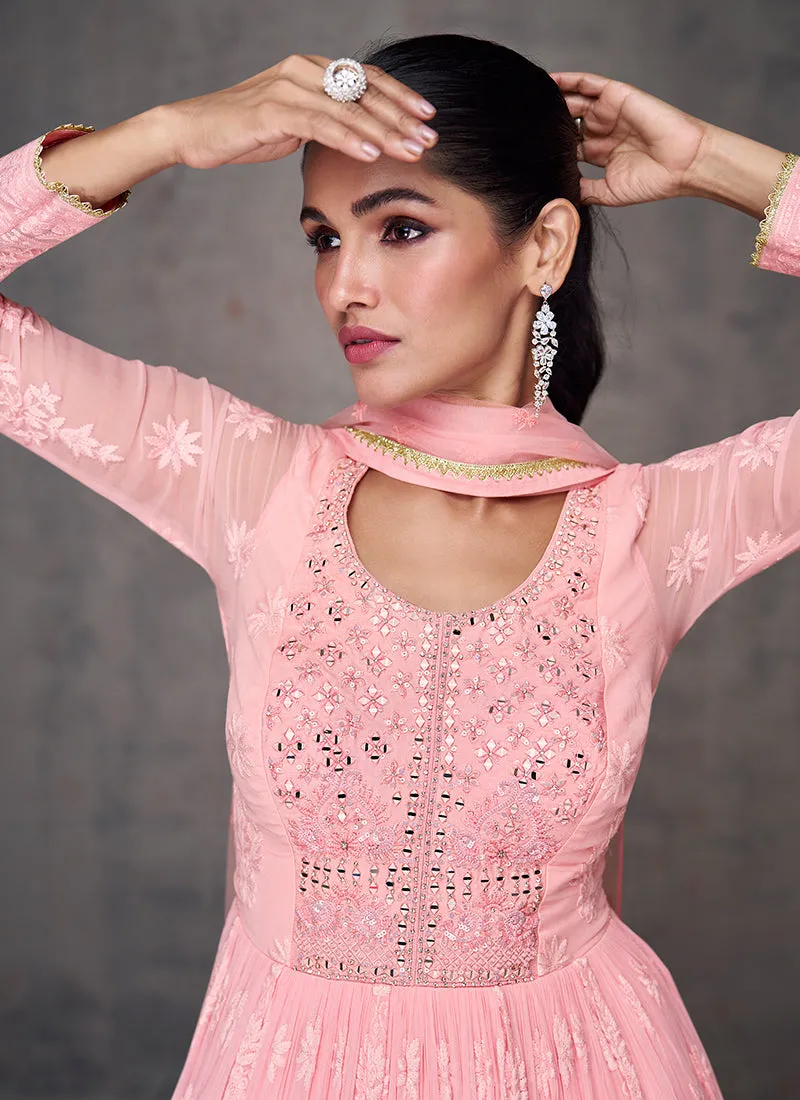 Soft Pink Lucknowi Mirror Work Embroidery Anarkali Gown