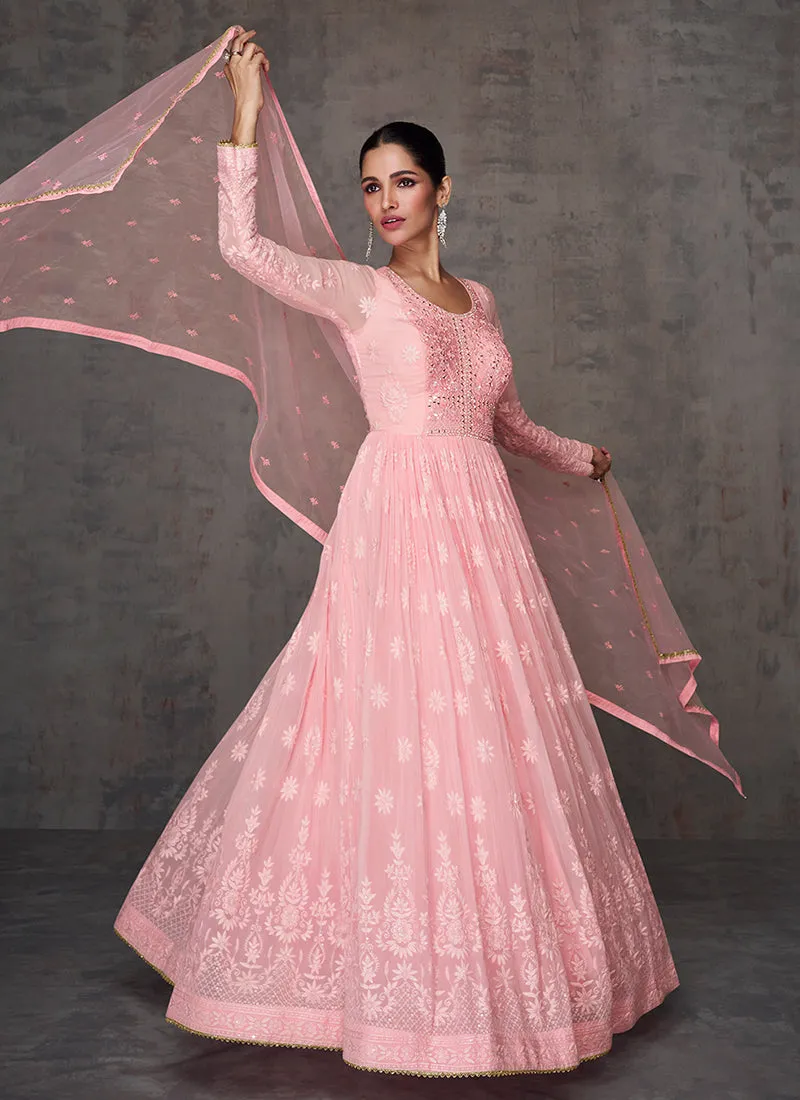 Soft Pink Lucknowi Mirror Work Embroidery Anarkali Gown