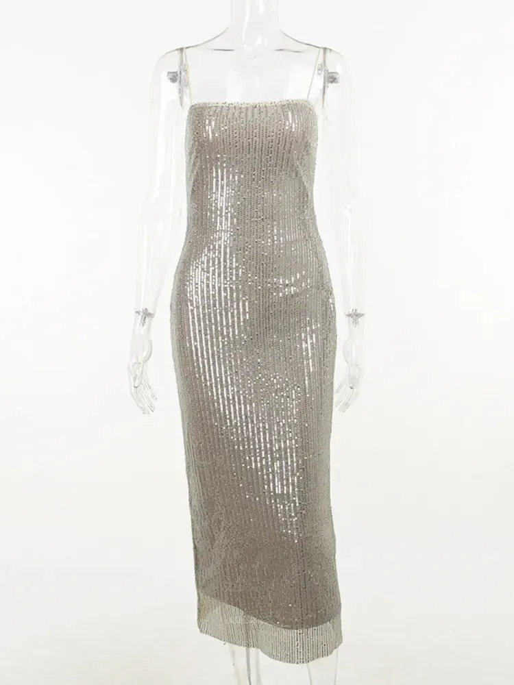 Spaghetti Strap Sparkle Sequin Maxi Dress Women Glitter Elegant Sleeveless Long Dress Sexy Party Club Evening Dress