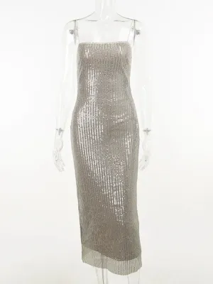 Spaghetti Strap Sparkle Sequin Maxi Dress Women Glitter Elegant Sleeveless Long Dress Sexy Party Club Evening Dress