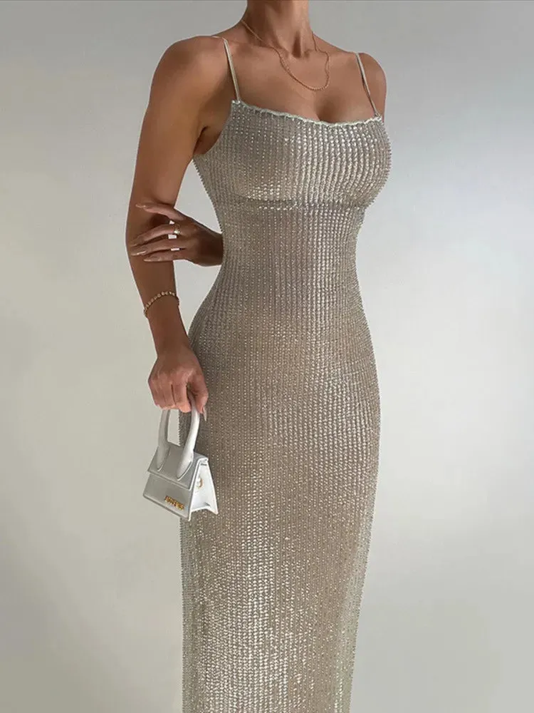 Spaghetti Strap Sparkle Sequin Maxi Dress Women Glitter Elegant Sleeveless Long Dress Sexy Party Club Evening Dress