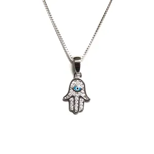 Sterling Silver CZ Evil Eye Hamsa Necklace