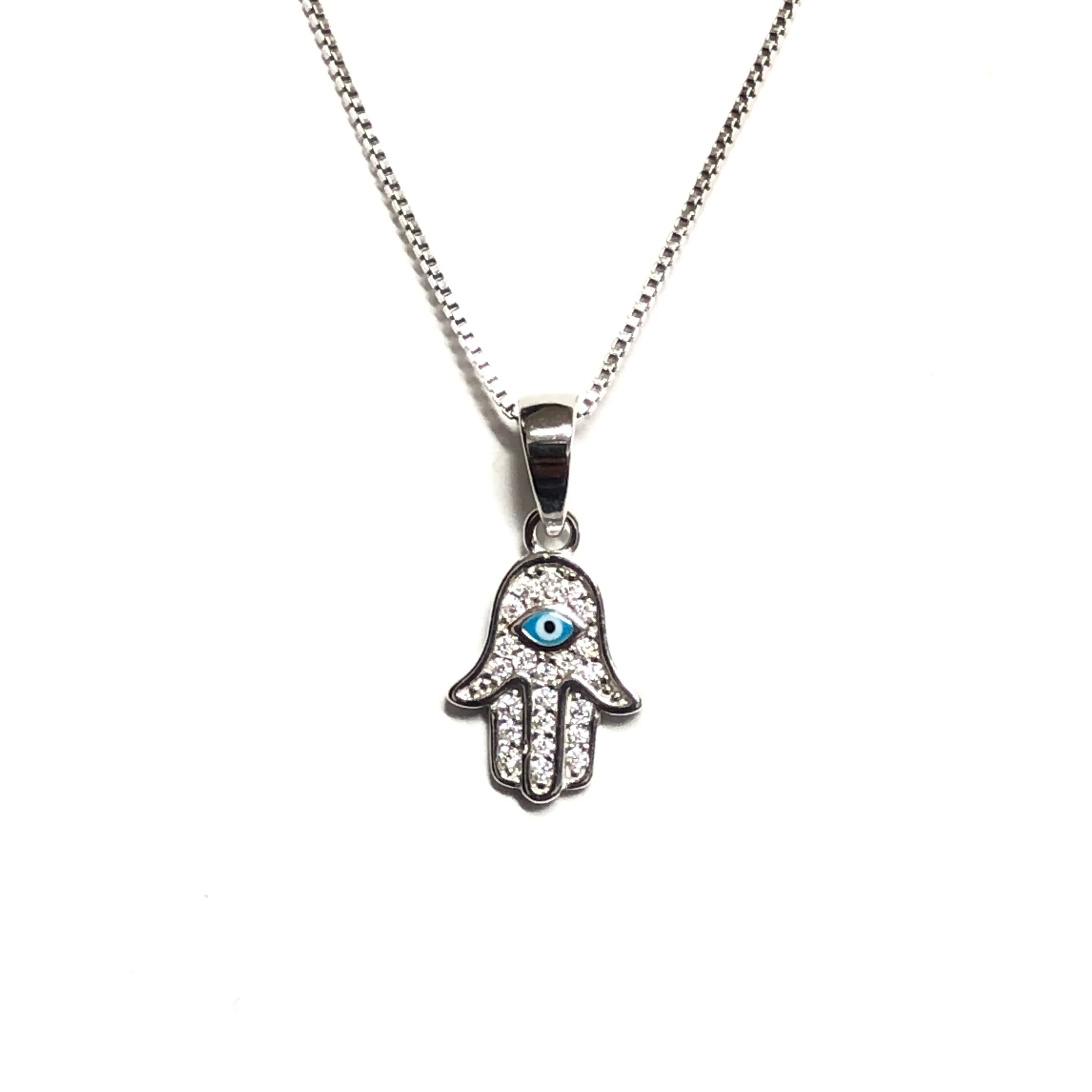 Sterling Silver CZ Evil Eye Hamsa Necklace