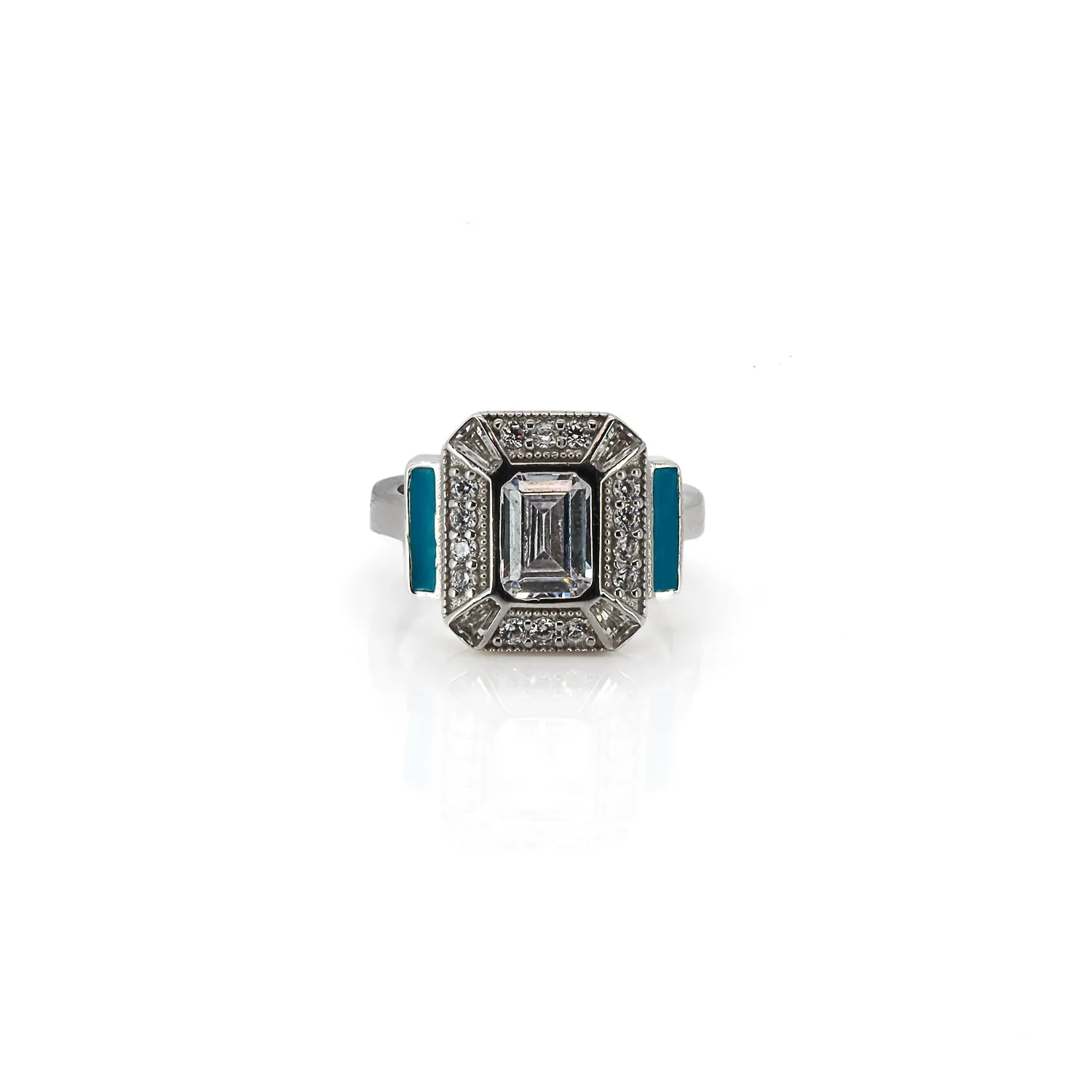 Sterling Silver Pave Diamond & Turquoise Enamel Ring