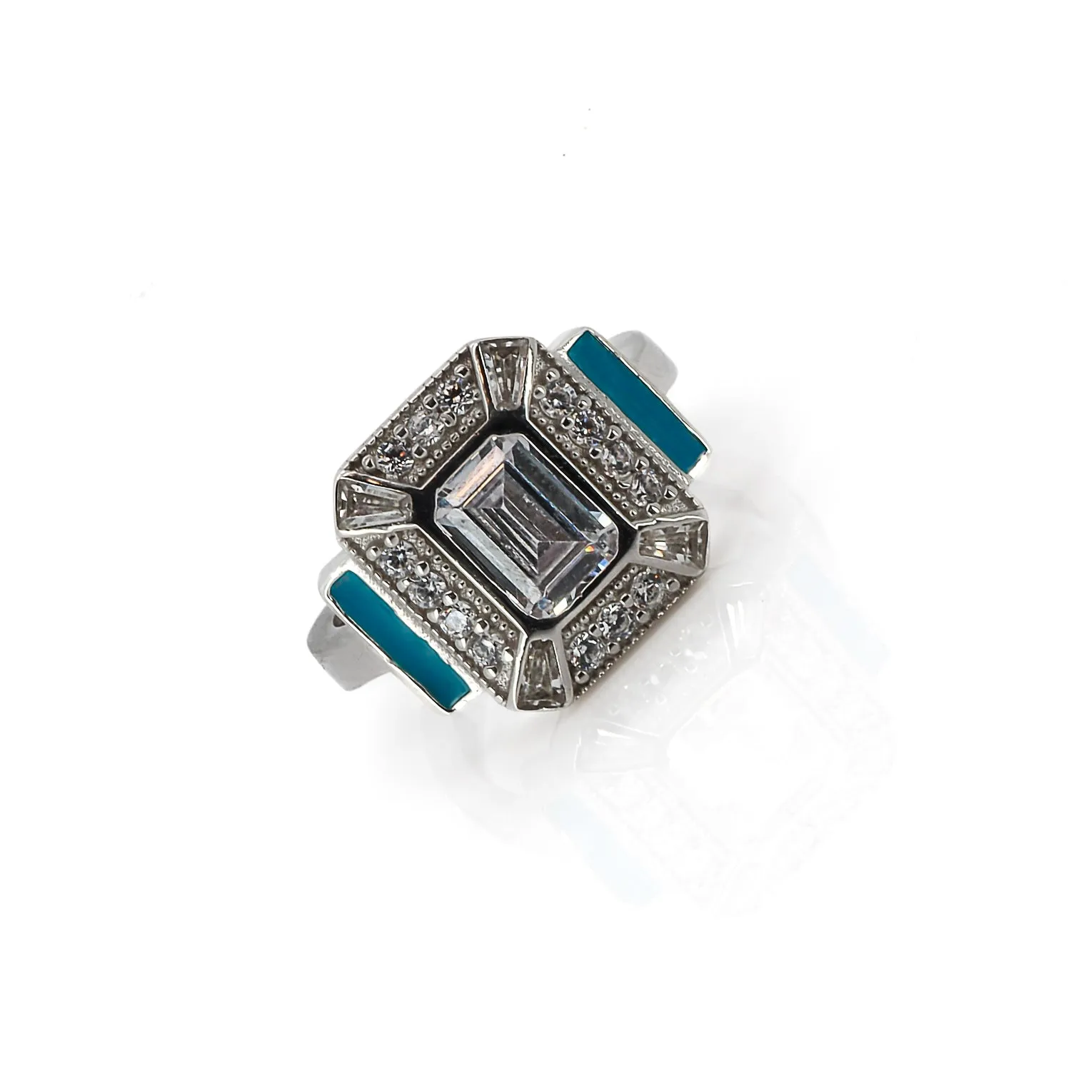 Sterling Silver Pave Diamond & Turquoise Enamel Ring