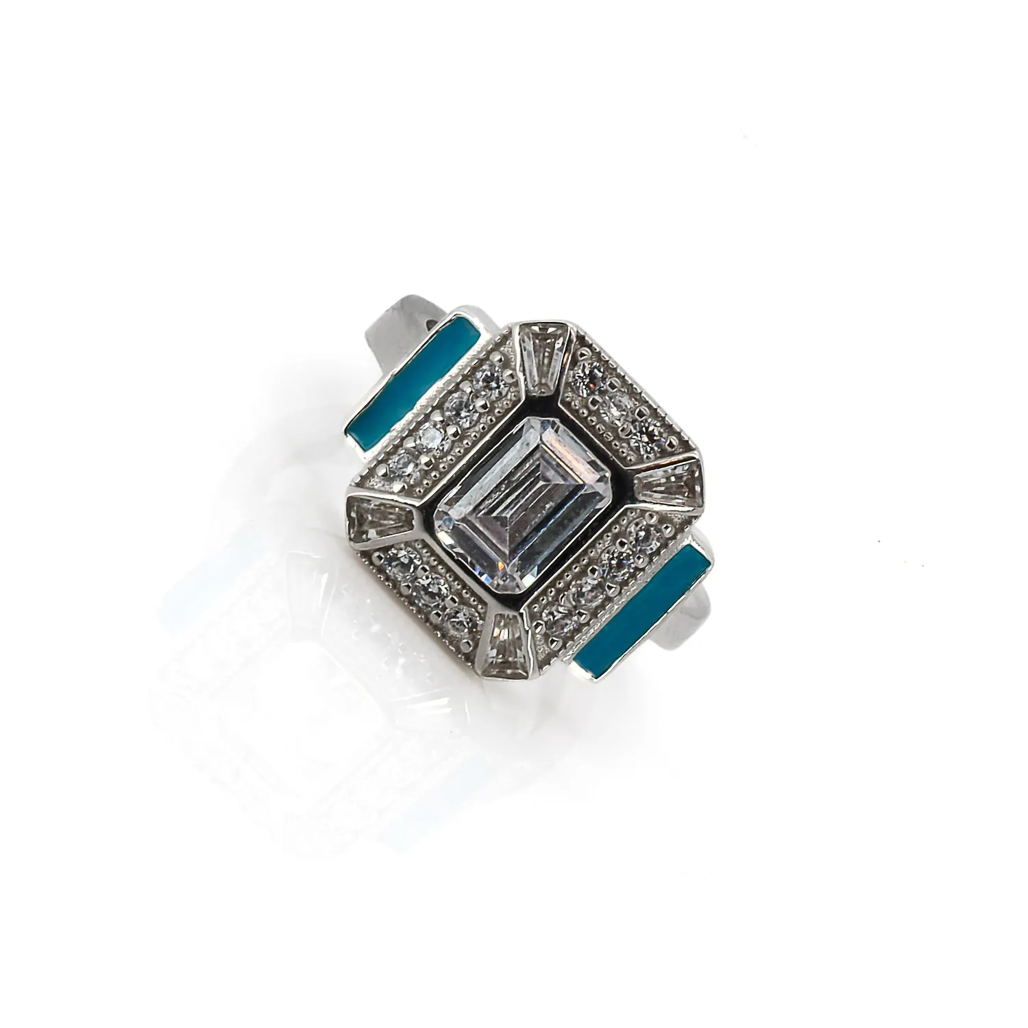 Sterling Silver Pave Diamond & Turquoise Enamel Ring