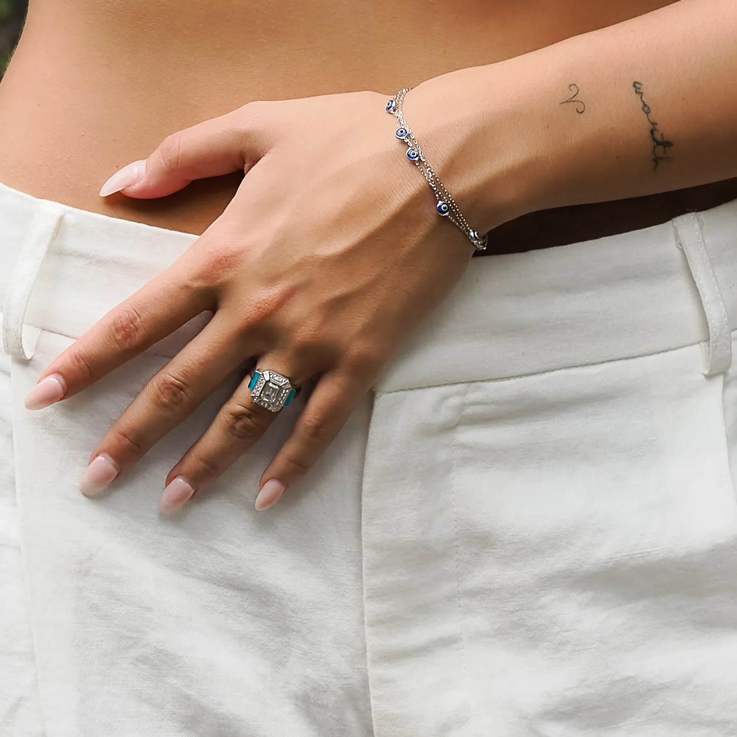 Sterling Silver Pave Diamond & Turquoise Enamel Ring