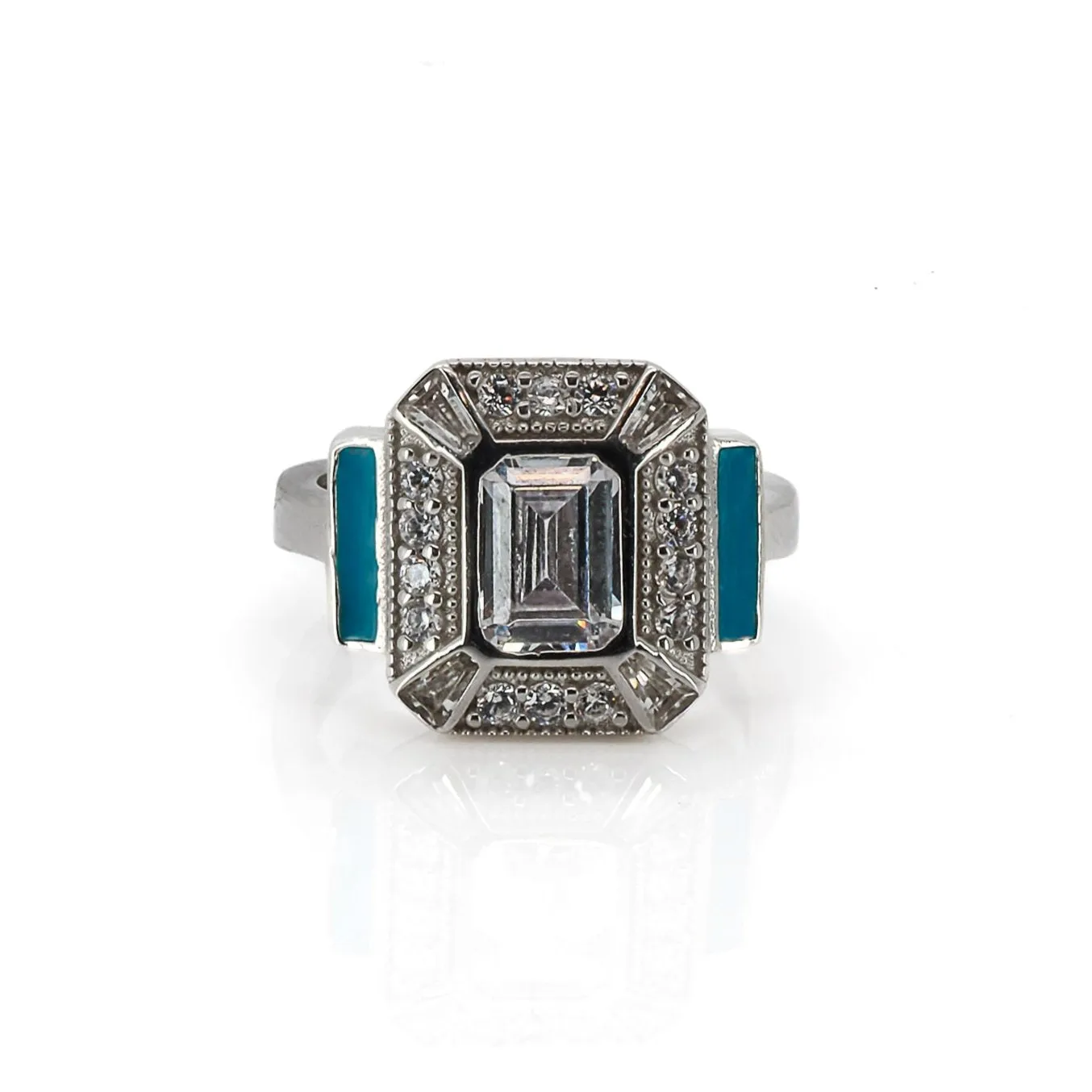 Sterling Silver Pave Diamond & Turquoise Enamel Ring