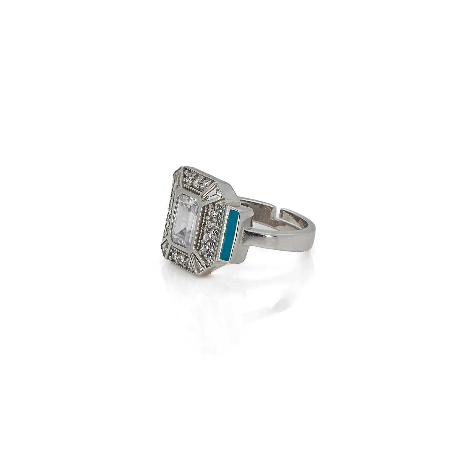 Sterling Silver Pave Diamond & Turquoise Enamel Ring