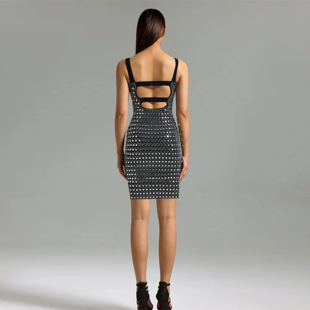 Strappy Sleeveless Rhinestone Mini Bodycon Dress HL9958
