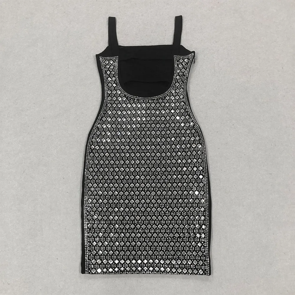 Strappy Sleeveless Rhinestone Mini Bodycon Dress HL9958