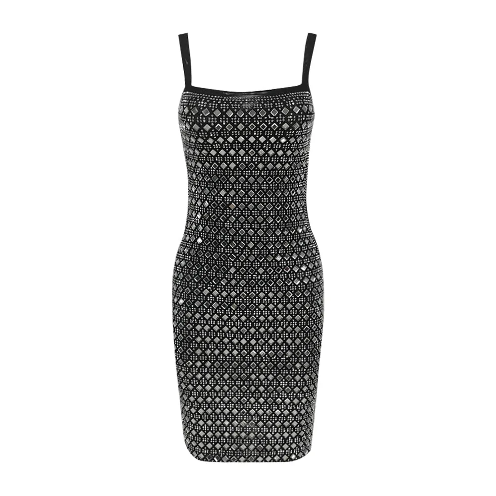 Strappy Sleeveless Rhinestone Mini Bodycon Dress HL9958