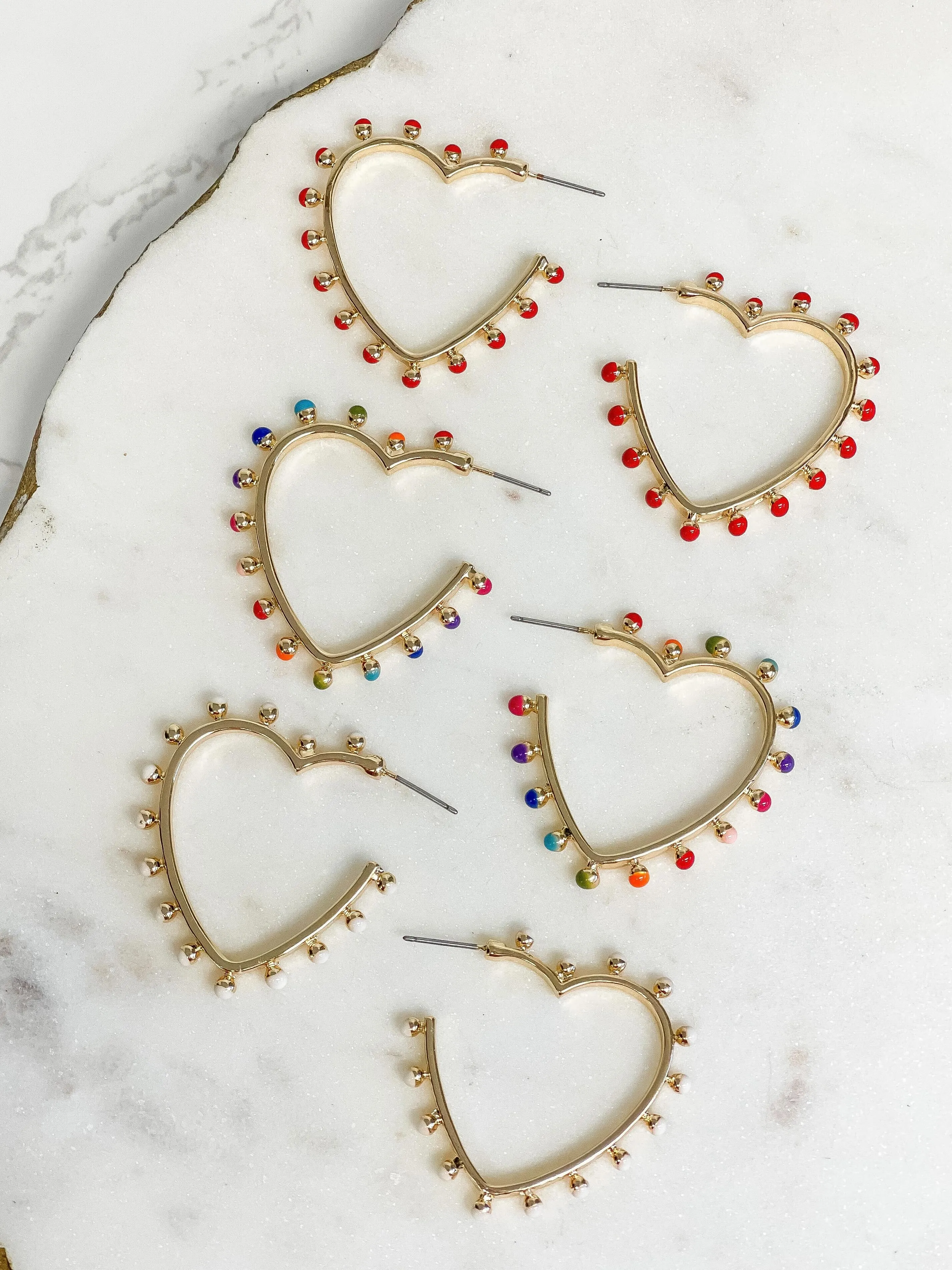 Studded Gold Heart Hoop Earrings - Ivory