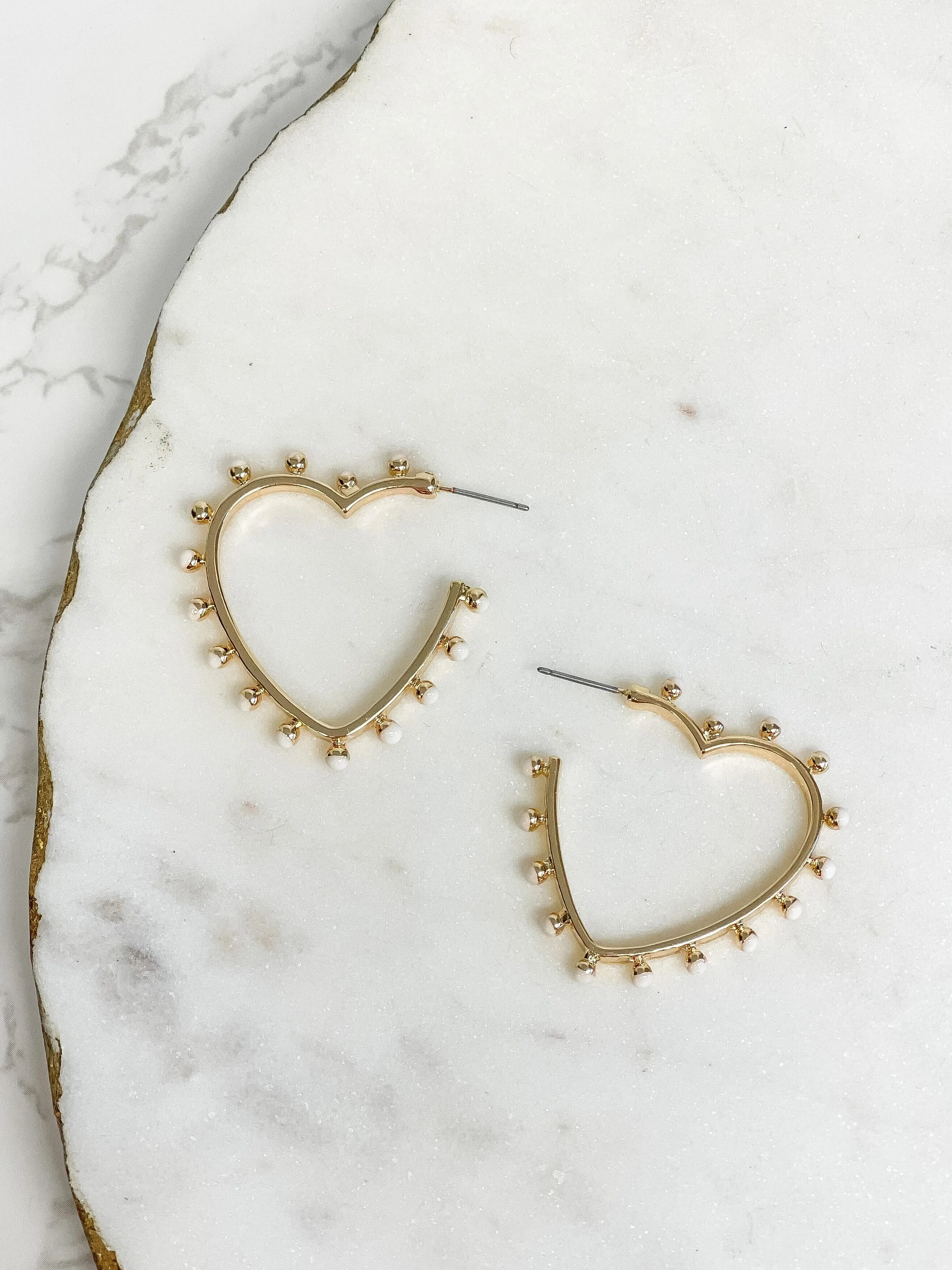Studded Gold Heart Hoop Earrings - Ivory