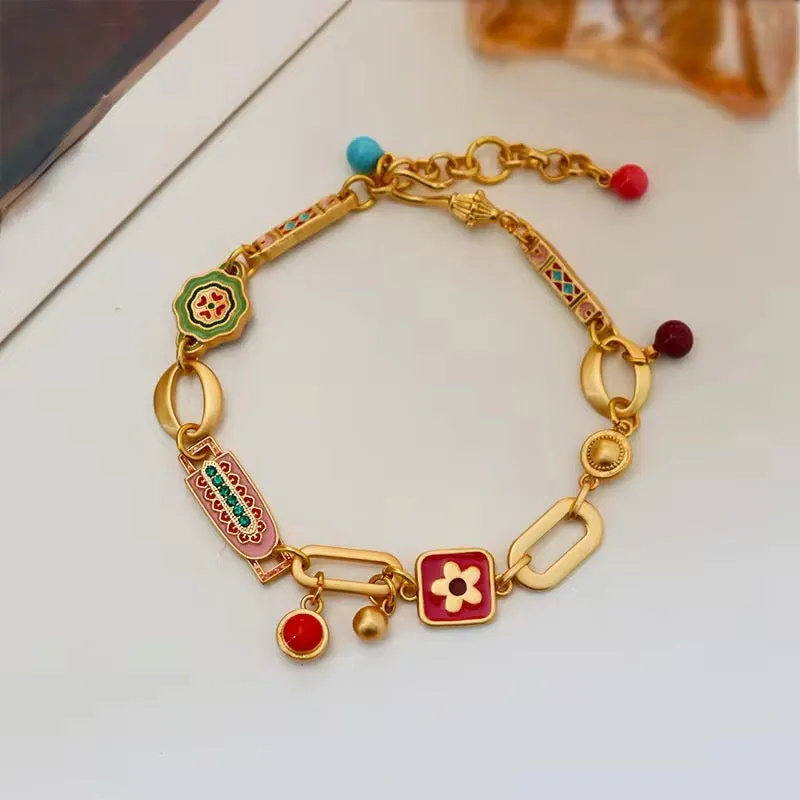 Sweet Flowers Ethnic Colorful Enamel Chain Bracelet