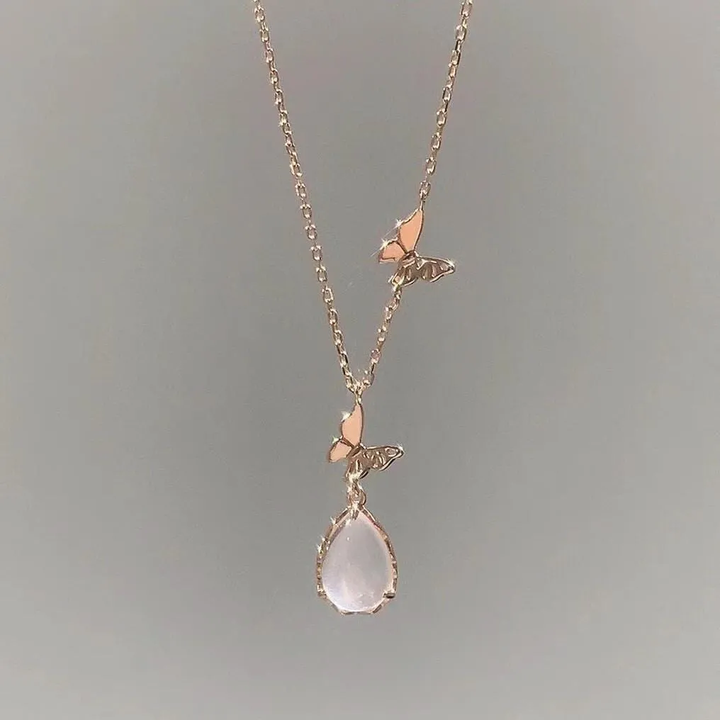 Sweet Pink Crystal Pendant Enamel Butterfly Necklace