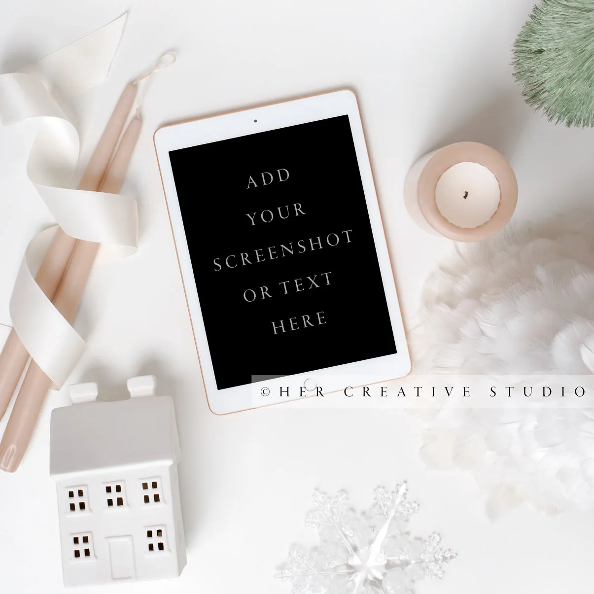 Tablet with Holiday Tree & Candle on White Background