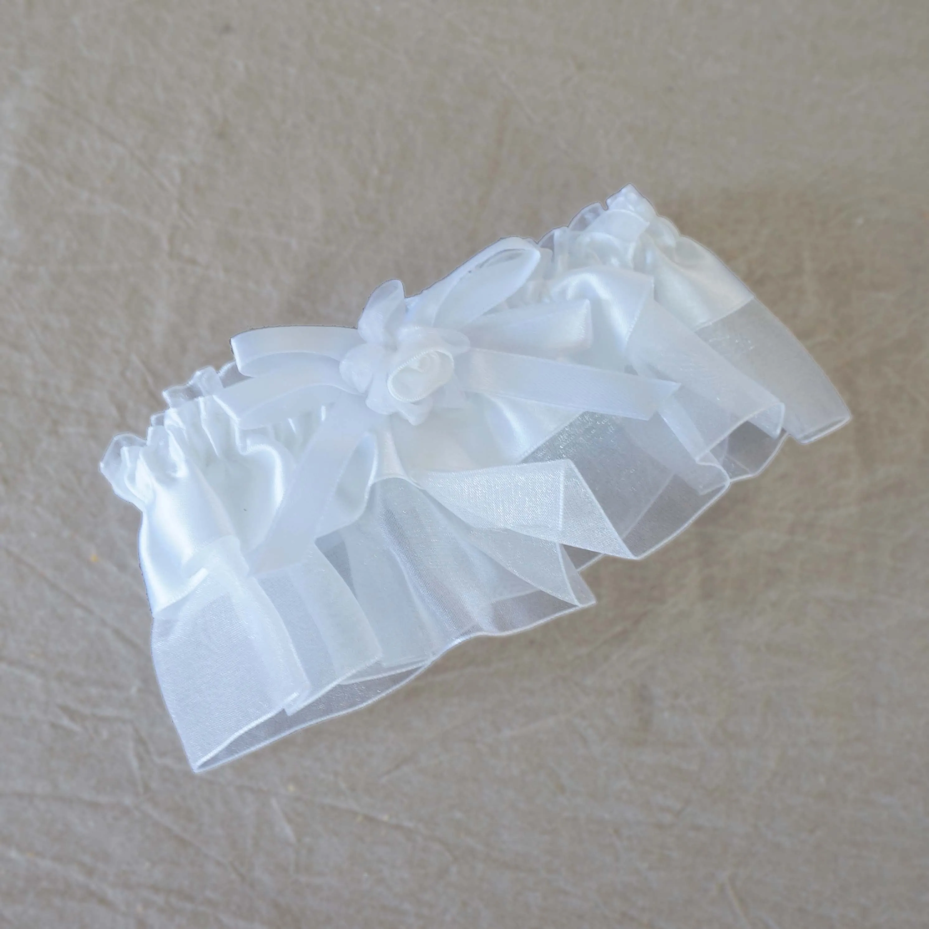 Traditional White Organza Satin Garter with Rose Bow Wedding Bridal Accessories