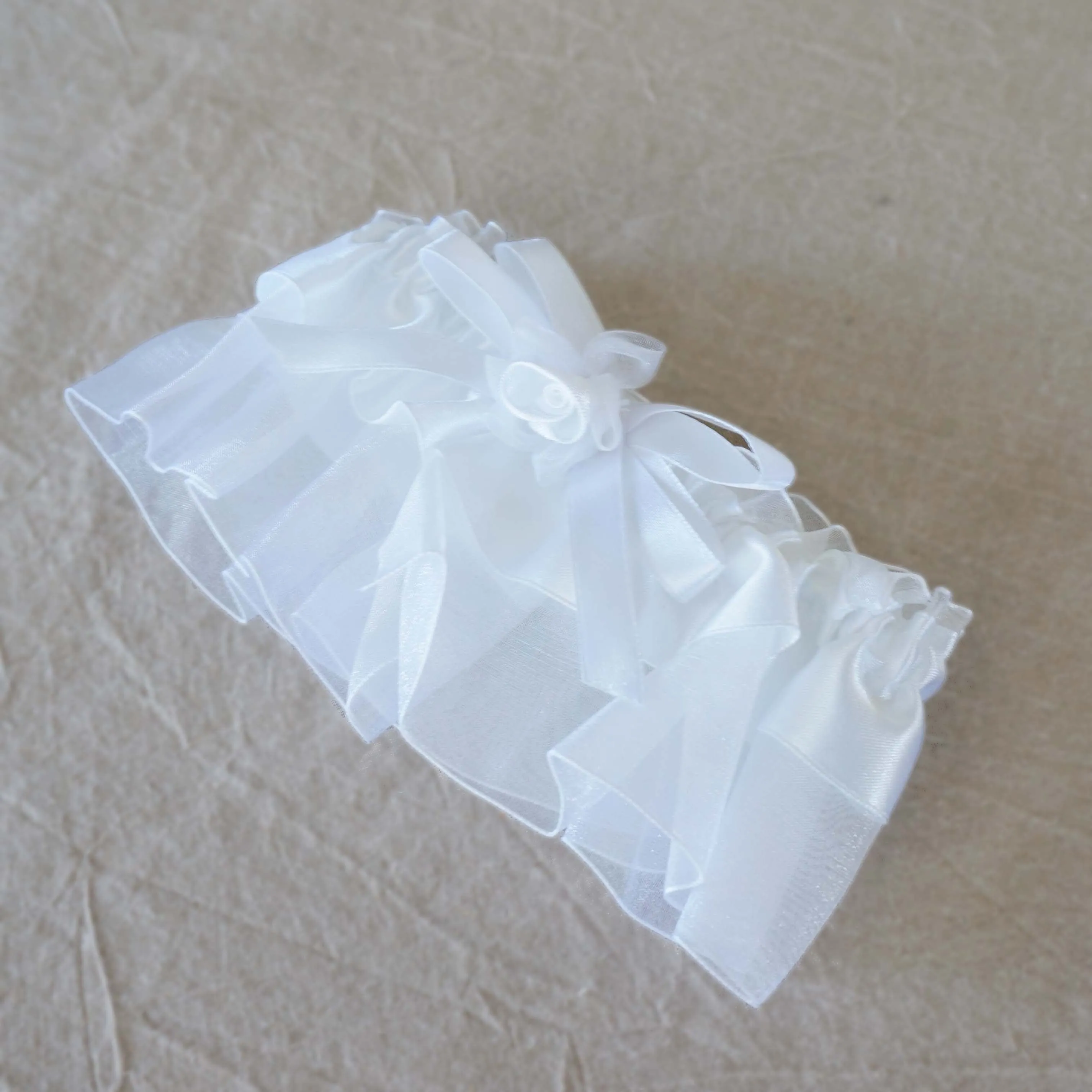 Traditional White Organza Satin Garter with Rose Bow Wedding Bridal Accessories