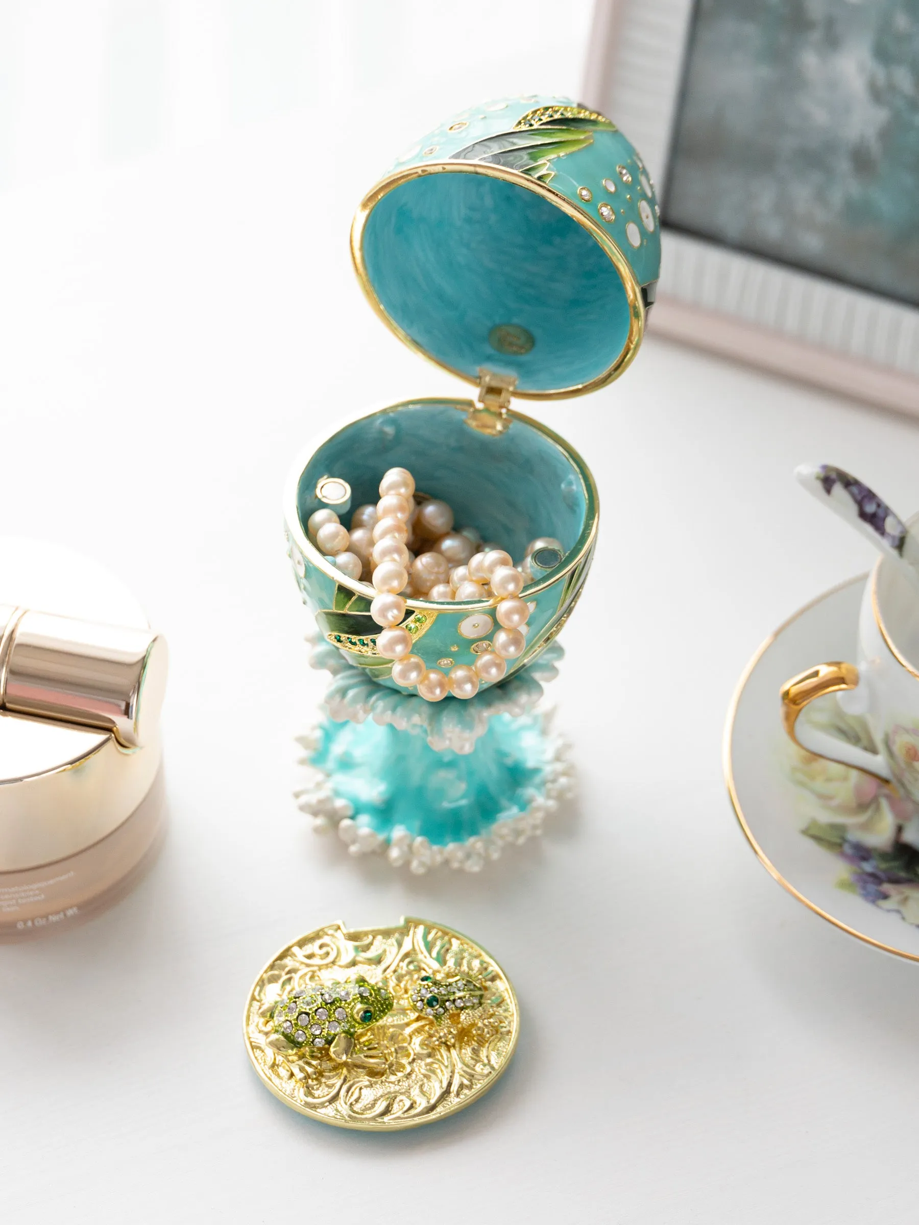 Turquoise Faberge Egg with 2 Frogs Surprise Inside