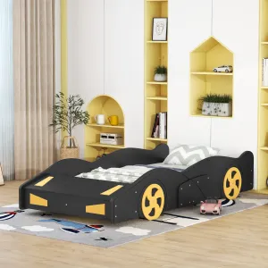 Twin Size Race Car-Shaped Platform Bed with Wheels and Storage
