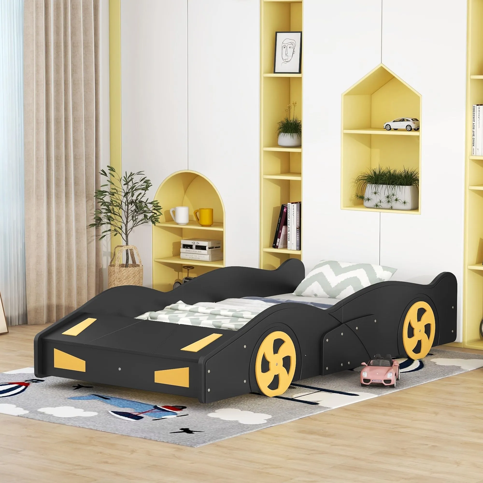 Twin Size Race Car-Shaped Platform Bed with Wheels and Storage