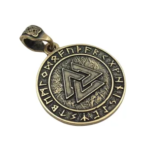 Valknut in circle of Elder Futhark runes bronze pendant