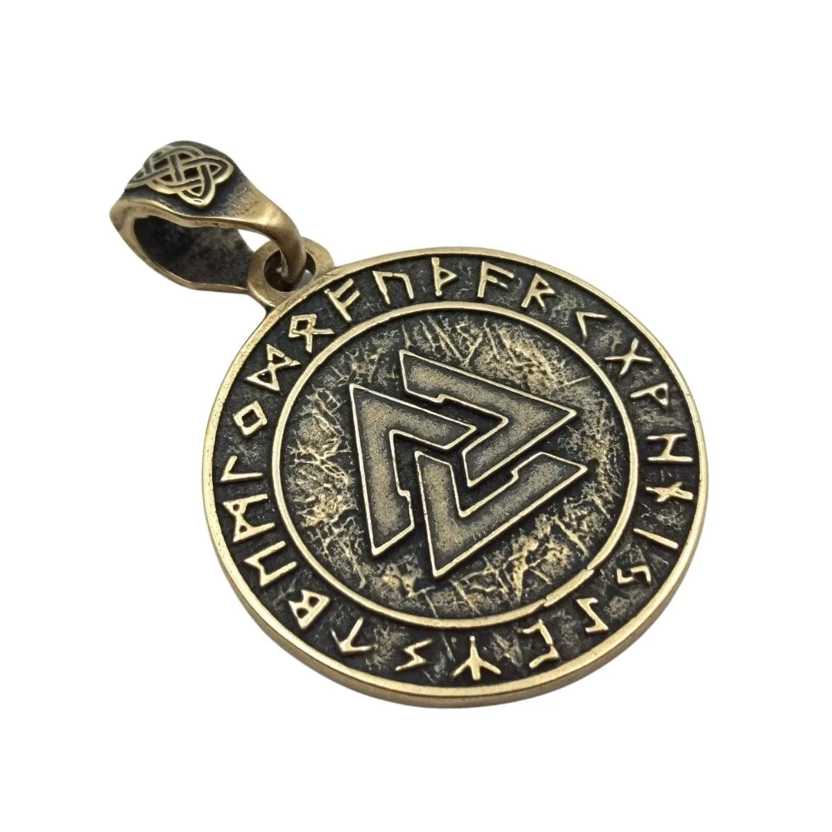Valknut in circle of Elder Futhark runes bronze pendant