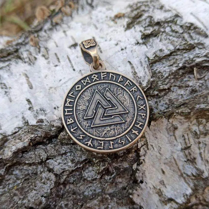 Valknut in circle of Elder Futhark runes bronze pendant