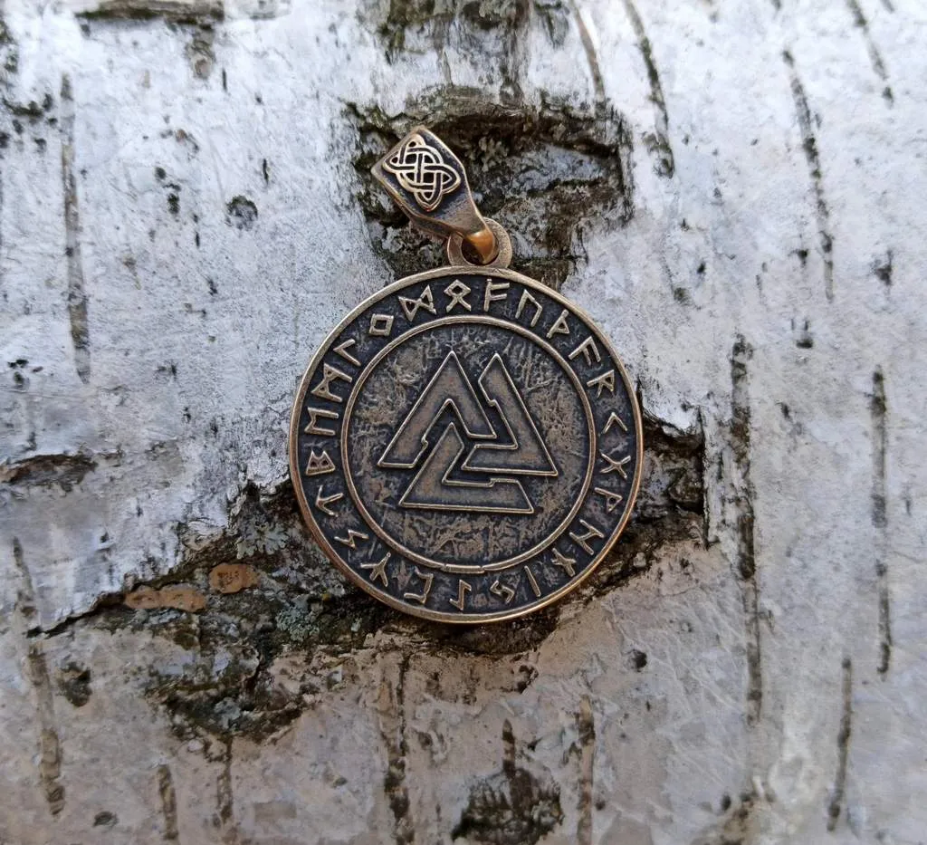 Valknut in circle of Elder Futhark runes bronze pendant