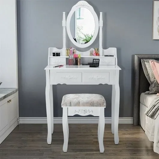 Vanity Table Set with Oval Mirror and 4 Drawers-White - Color: White