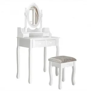 Vanity Table Set with Oval Mirror and 4 Drawers-White - Color: White