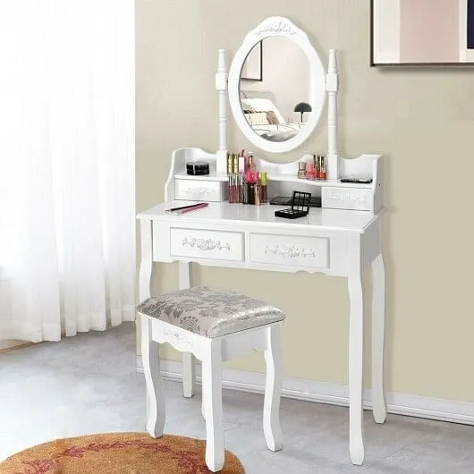 Vanity Table Set with Oval Mirror and 4 Drawers-White - Color: White
