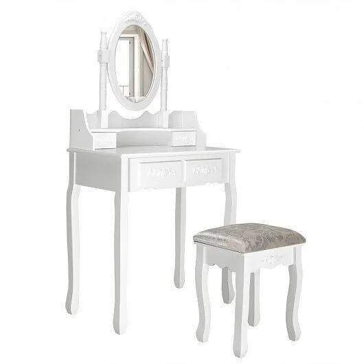 Vanity Table Set with Oval Mirror and 4 Drawers-White - Color: White