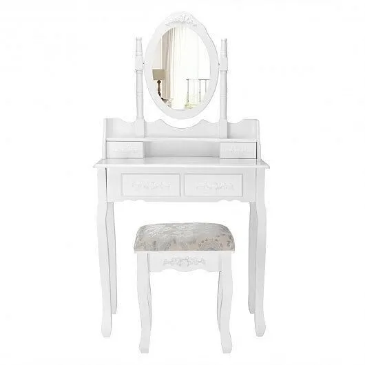 Vanity Table Set with Oval Mirror and 4 Drawers-White - Color: White