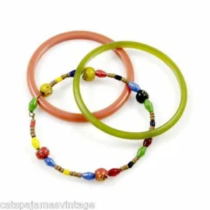 Vintage Bangle Bracelets (3) Celluloid Coral/Apple Green 1930S