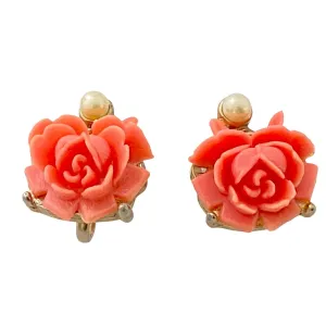 Vintage Coral Flower and Pearl Earrings