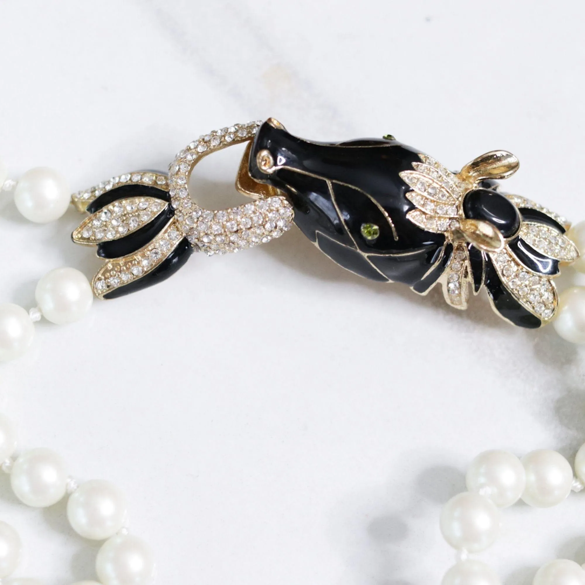 Vintage Couture Style Black Enamel with Diamante Horse Necklace Double Stranded Pearls