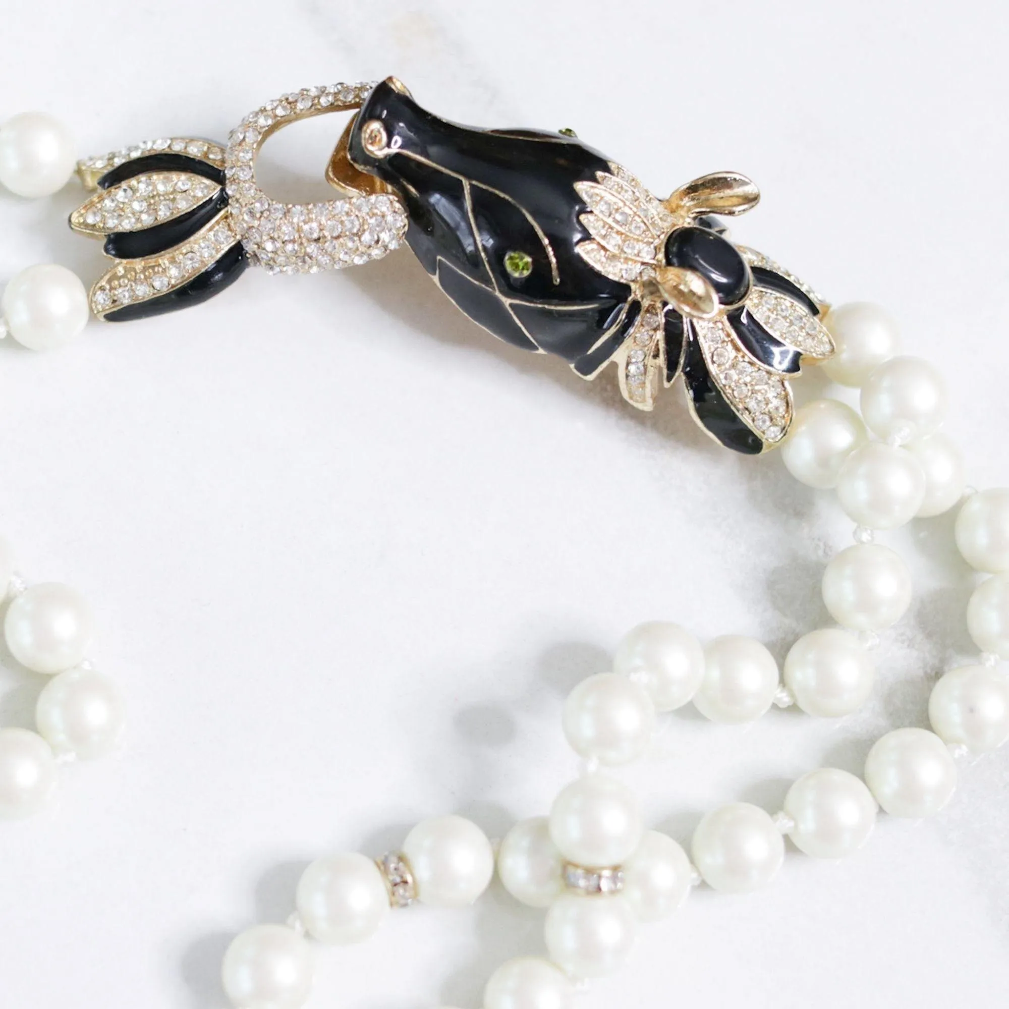 Vintage Couture Style Black Enamel with Diamante Horse Necklace Double Stranded Pearls
