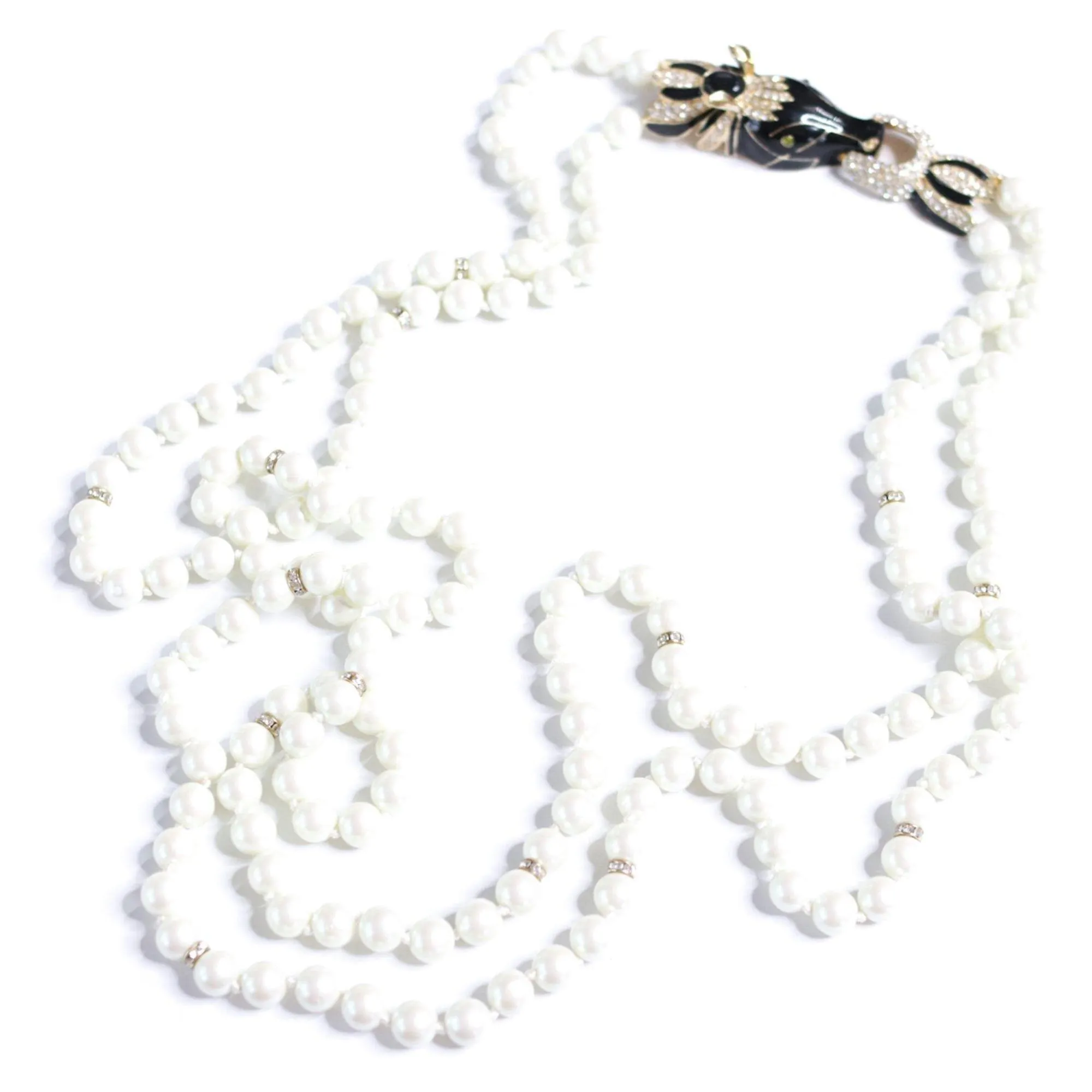 Vintage Couture Style Black Enamel with Diamante Horse Necklace Double Stranded Pearls