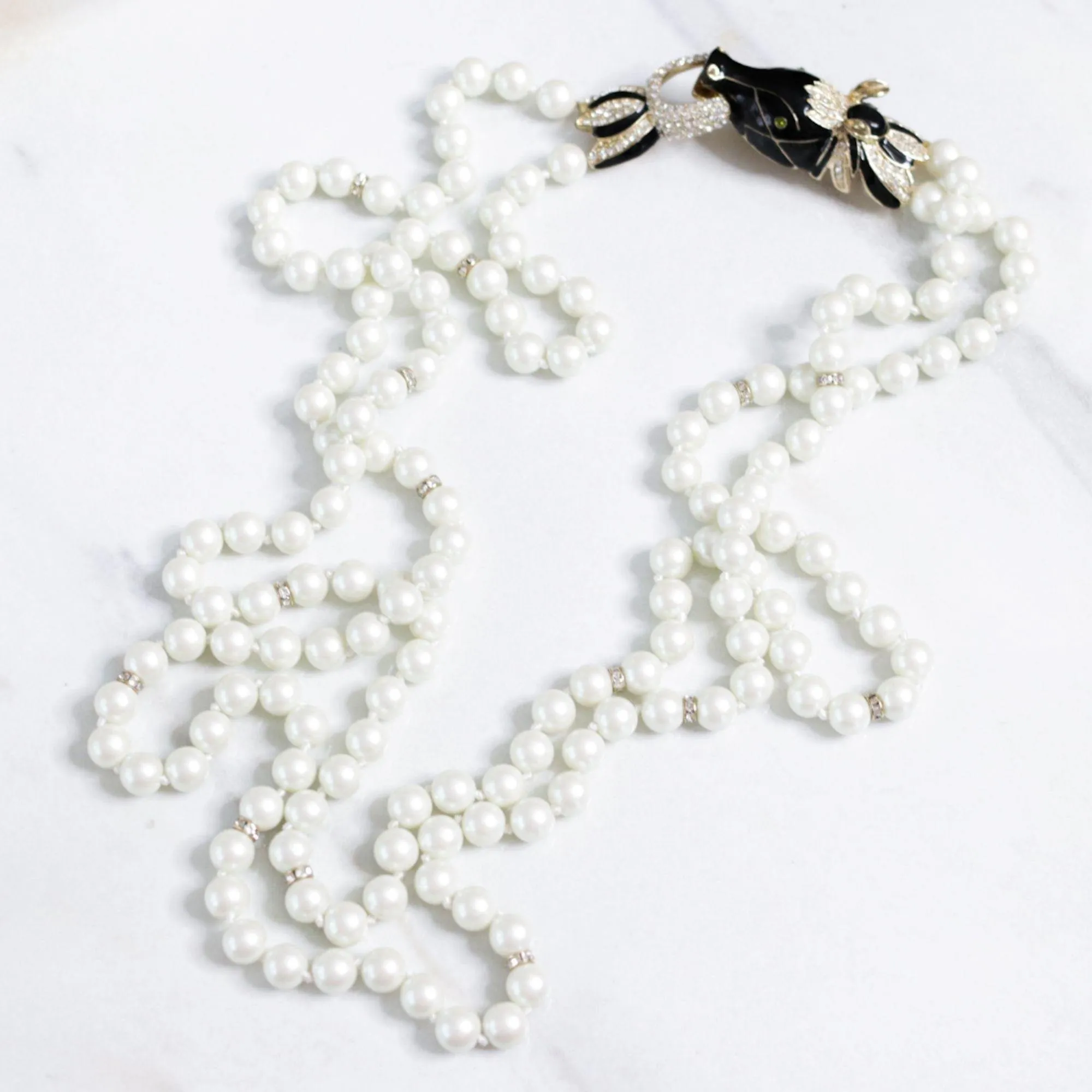 Vintage Couture Style Black Enamel with Diamante Horse Necklace Double Stranded Pearls