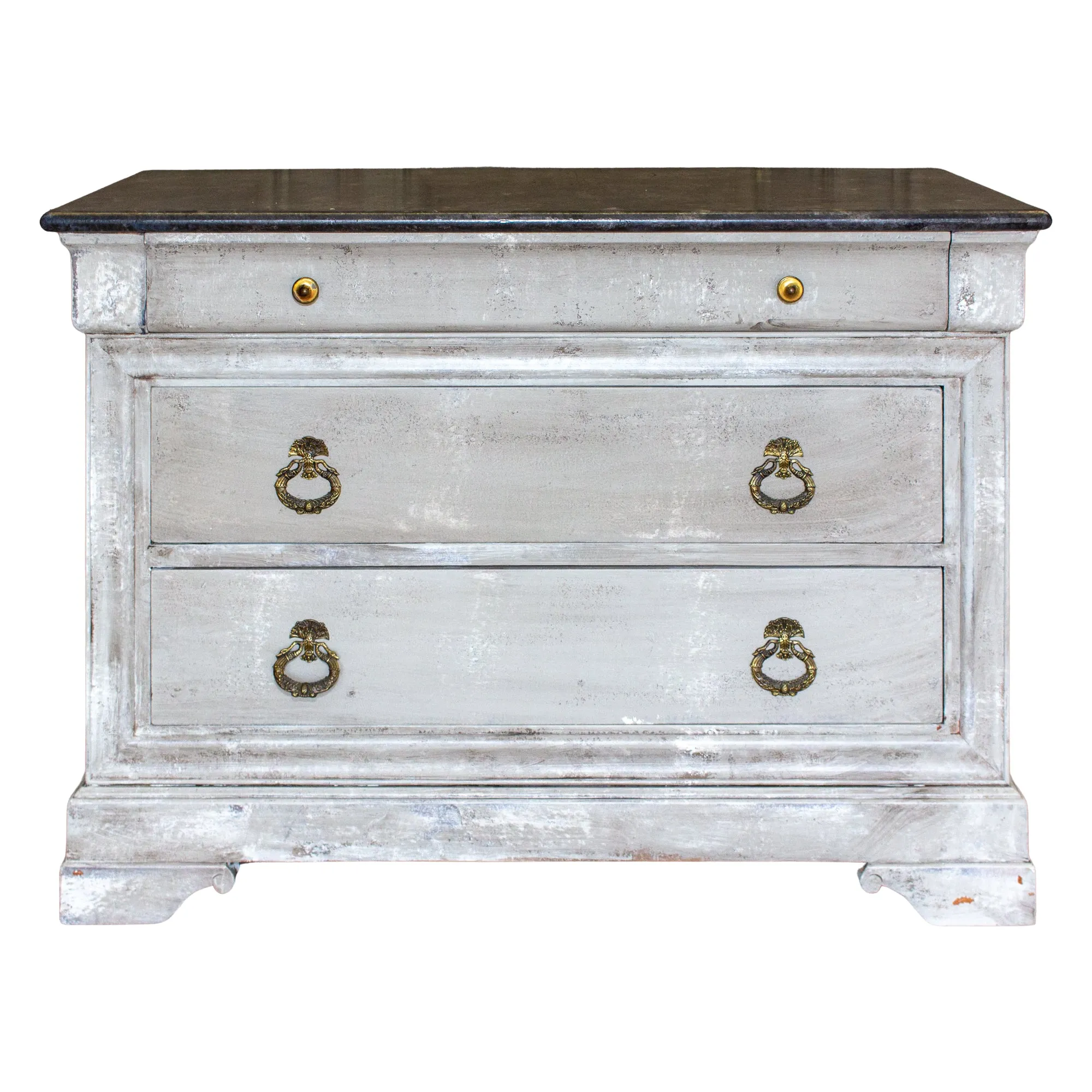 Vintage French Hand-Painted Commode with Three Drawers & Brass Hardware