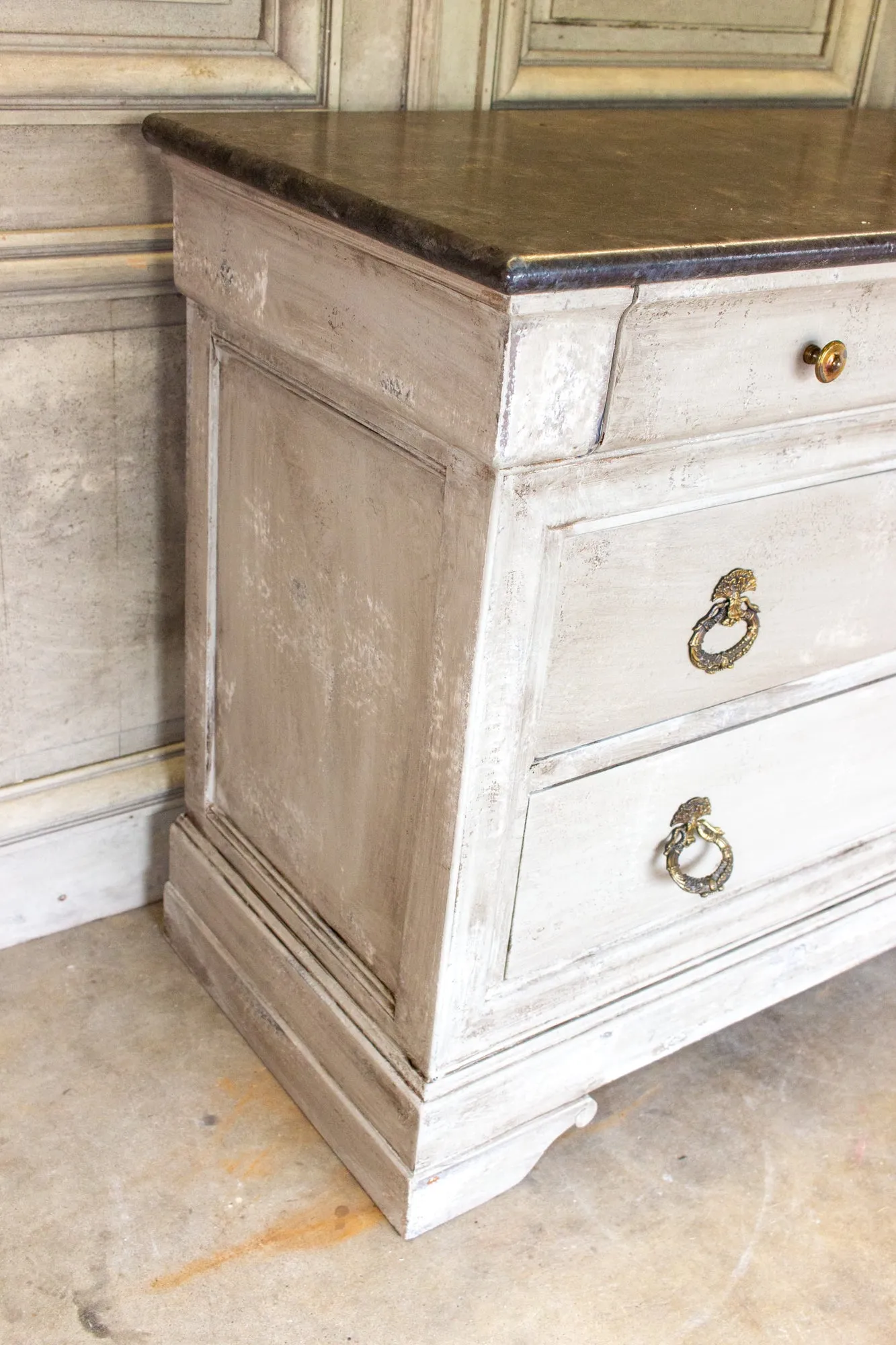 Vintage French Hand-Painted Commode with Three Drawers & Brass Hardware