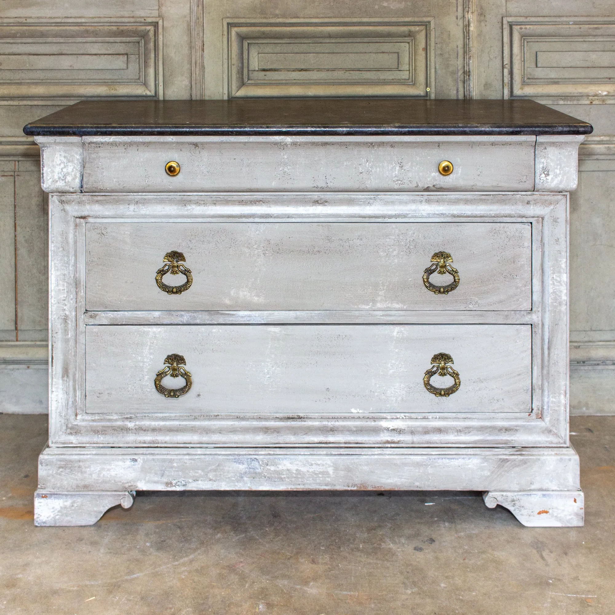 Vintage French Hand-Painted Commode with Three Drawers & Brass Hardware