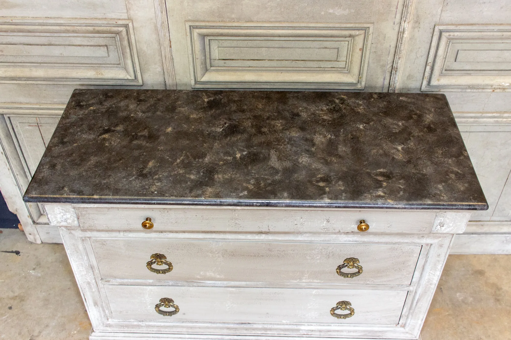 Vintage French Hand-Painted Commode with Three Drawers & Brass Hardware