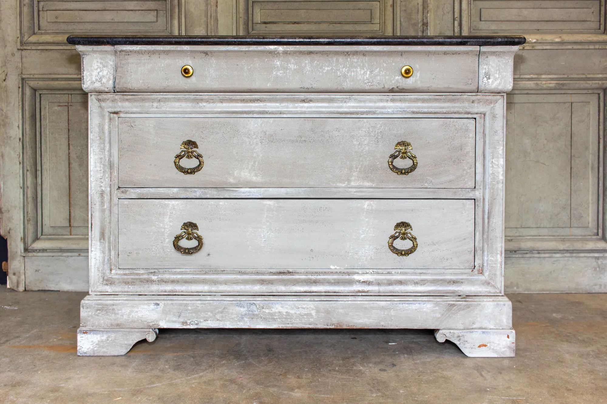 Vintage French Hand-Painted Commode with Three Drawers & Brass Hardware
