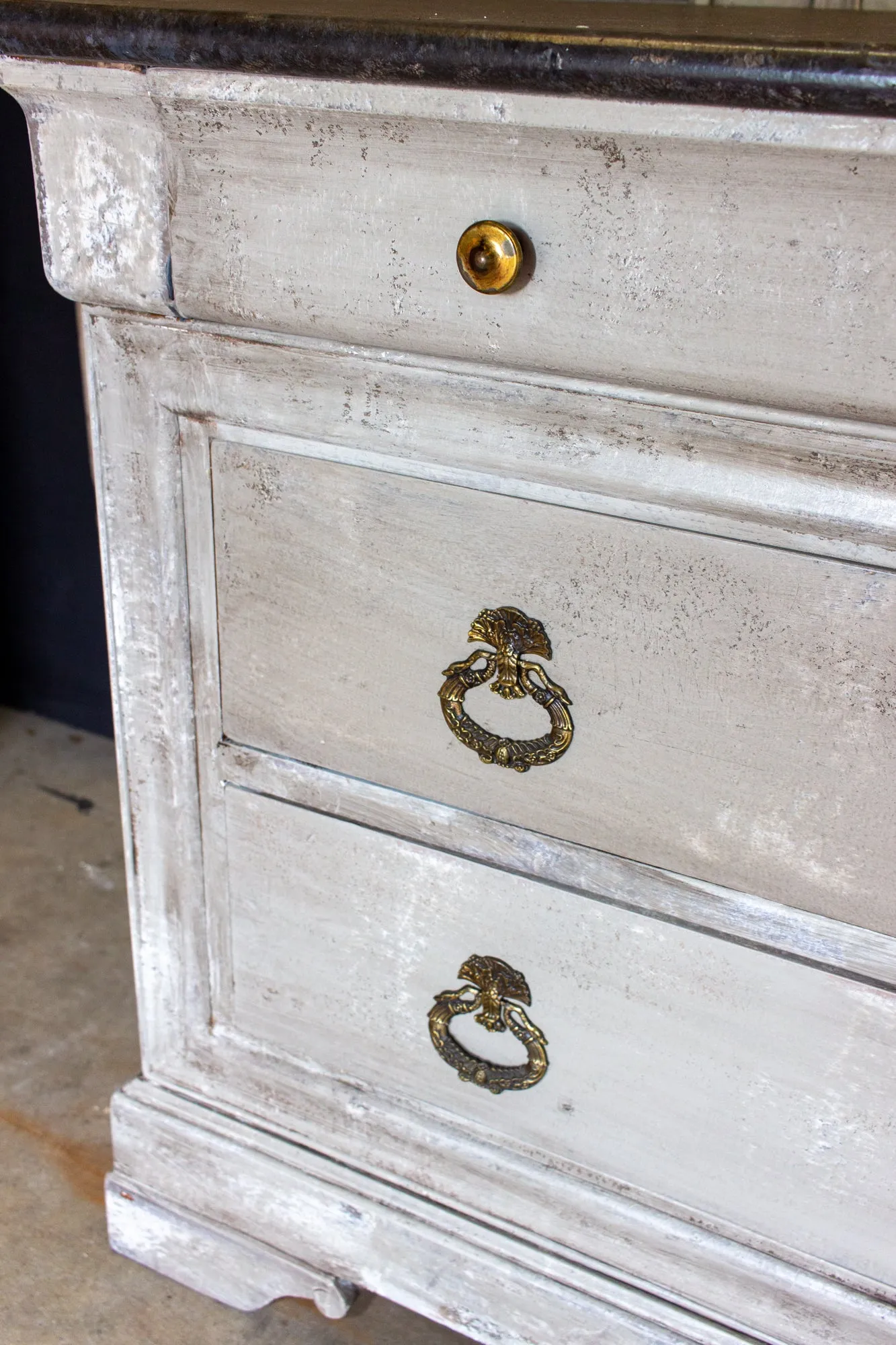 Vintage French Hand-Painted Commode with Three Drawers & Brass Hardware